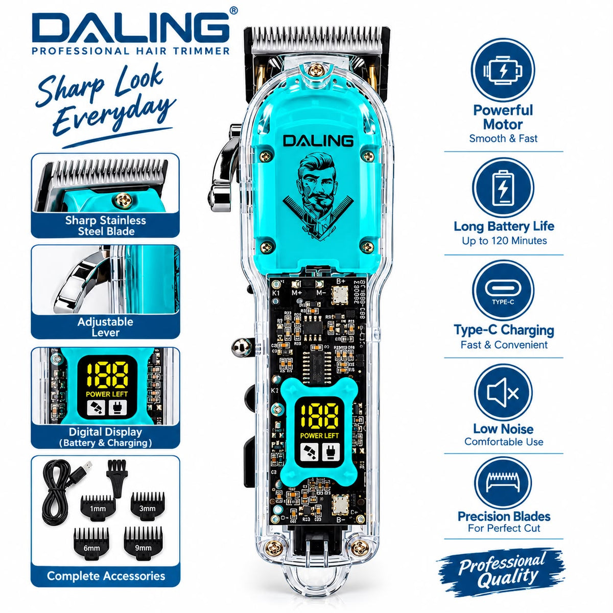 DALING Professional Rechargeable Hair Trimmer – Type-C Charging, Digital Display & Precision Stainless Steel Blades